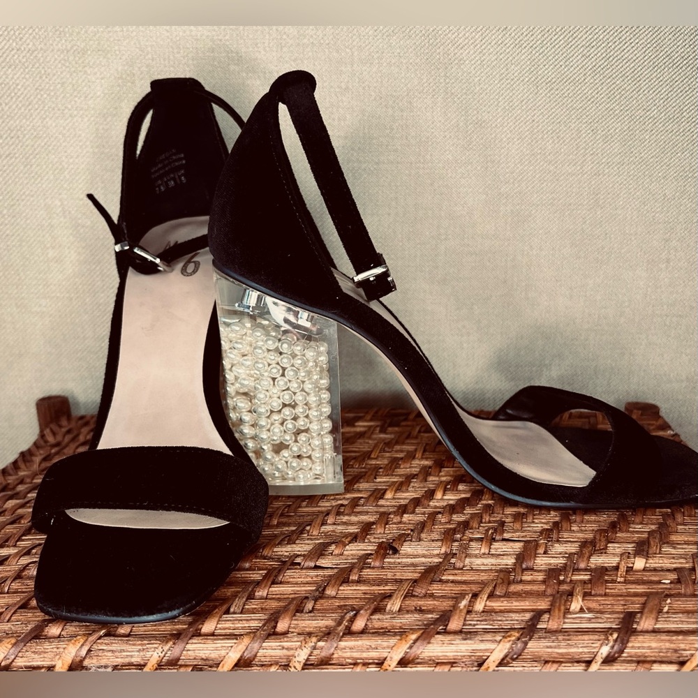 Mix No. 6 Black Velvet Heels with Lucite Heel Embedded with Pearls